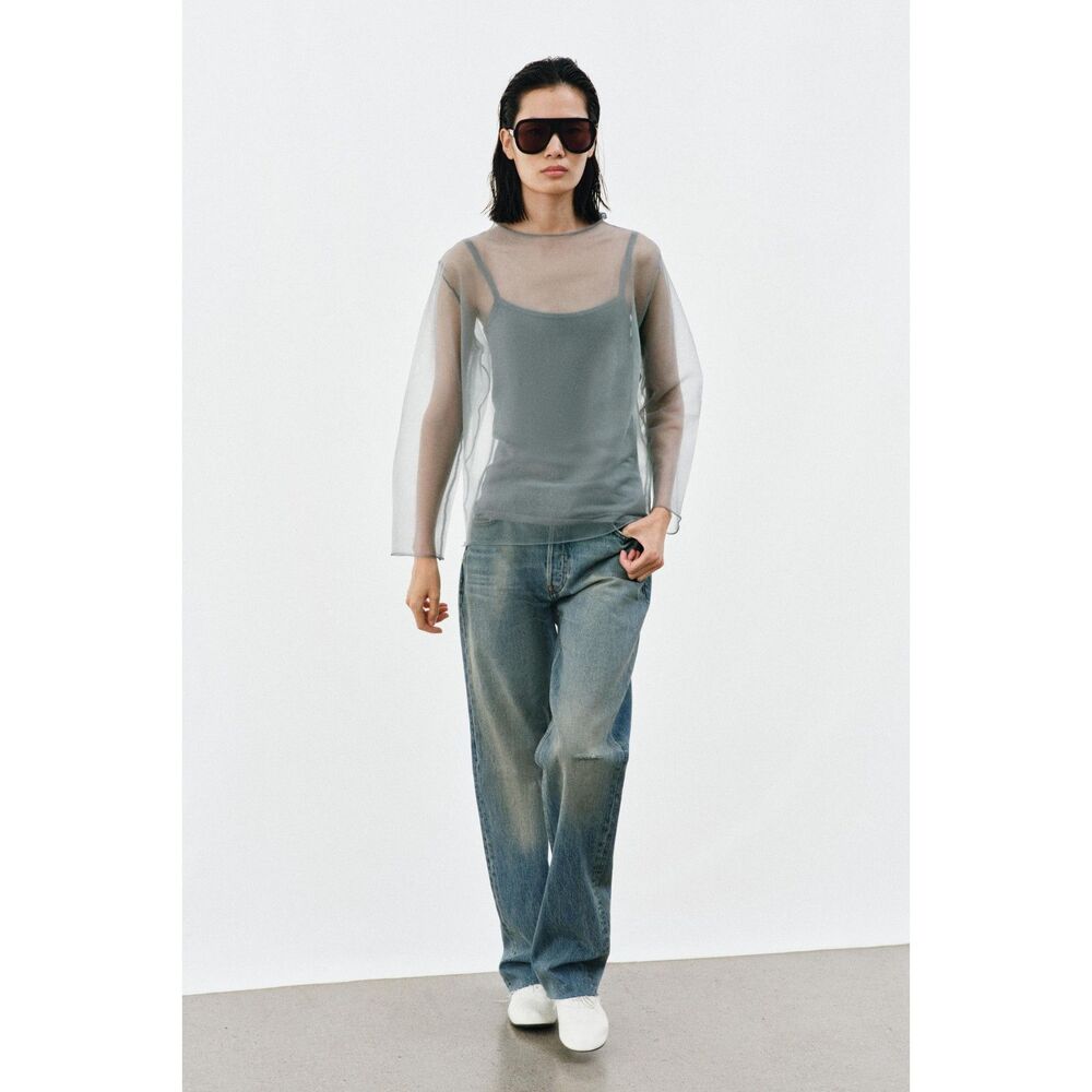 Zara Charcoal Gray Semi-Sheer Knit Long Sleeve Top Size L NWT